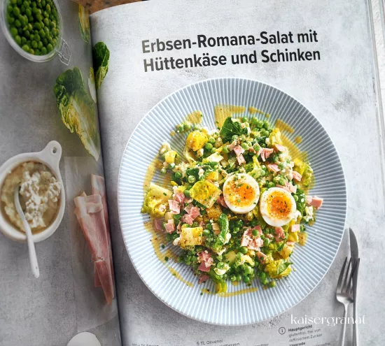 Anne Fleck Salate der Superlative Kochbuch Rezept Erbsen Romanasalat Huettenkaese Salat